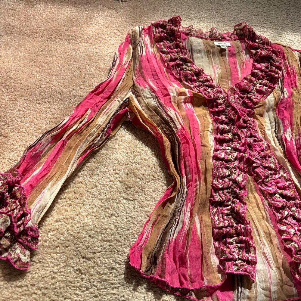 y2k vintage 90s pink + tan boho paisley ruffle blouse